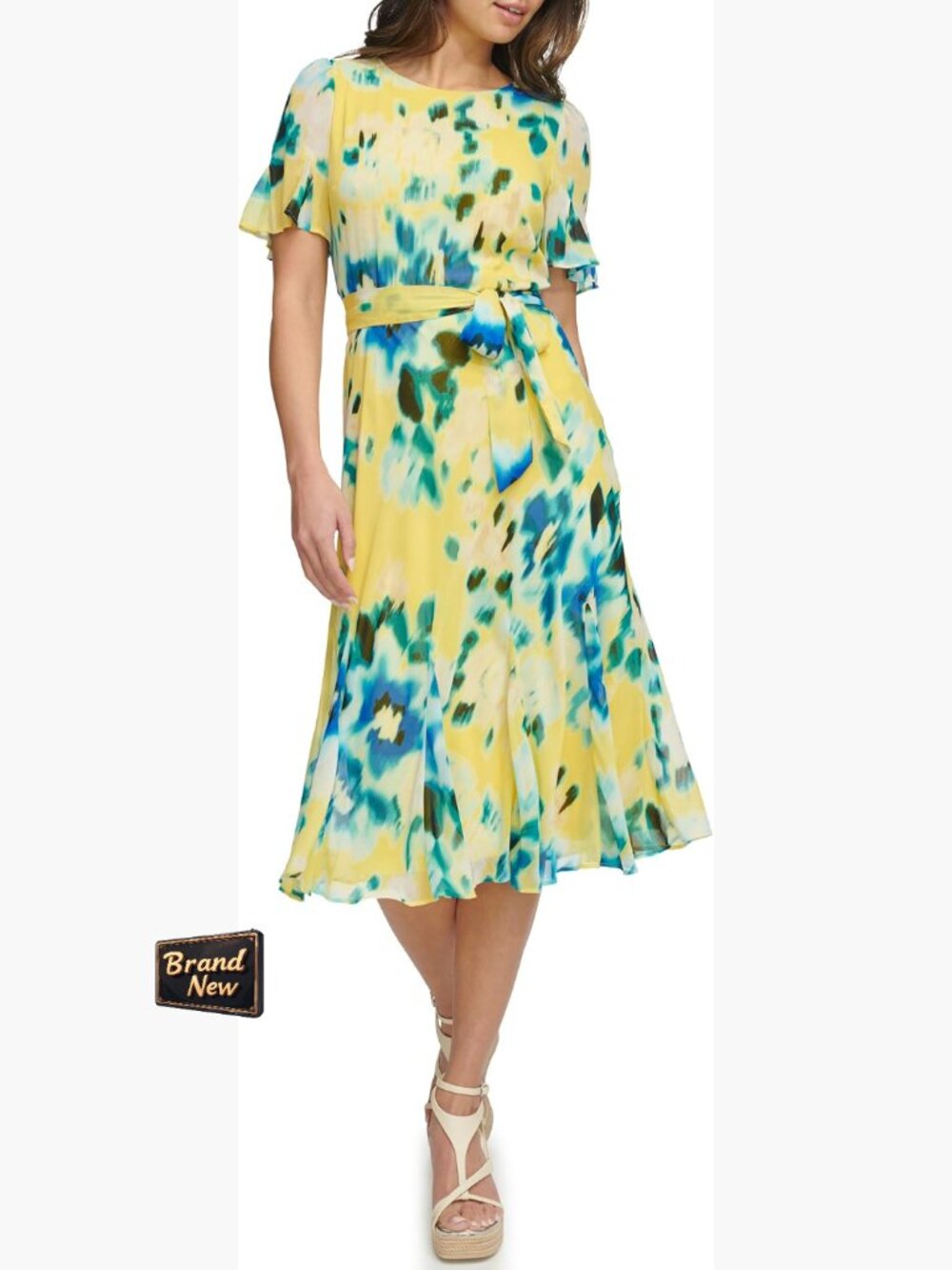 DKNY Flutter Sleeve Midi Dress Size 10 Fitted Waist Tie